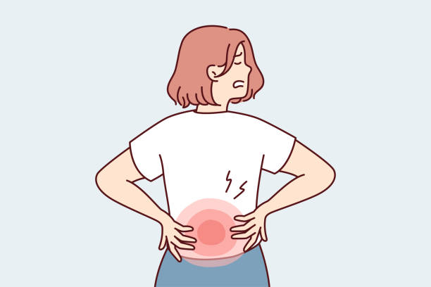 Woman holds on to red lower back after failing to lift heavy bag needs massage . Vector image Woman stands with back to screen and holds on to red lower back after failing to lift heavy bag. Girl suffers from pain in spine needs massage or help of osteopath doctor. Flat vector illustration back pain stock illustrations