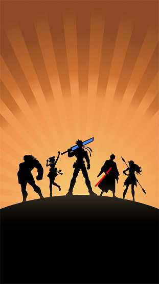 A vertical silhouette style vector illustration of a team of anime style heroes. Easy to grab and edit, wide space available for your copy.