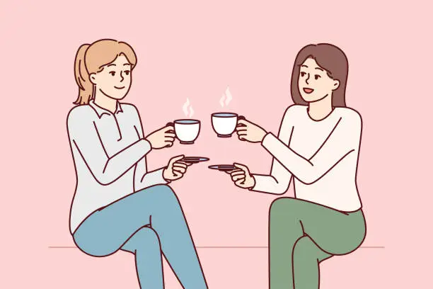 Vector illustration of Two girl friends drink hot coffee holding cups and saucers enjoy joint coffeebreak. Vector image