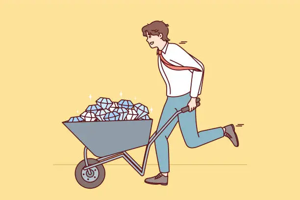 Vector illustration of Successful business man in shirt and tie runs with cart filled with diamonds. Vector image