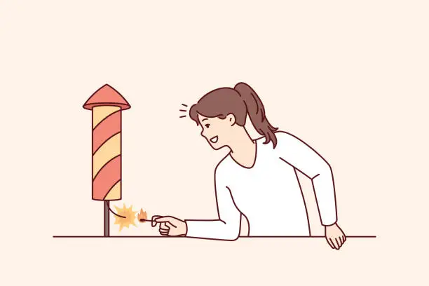 Vector illustration of Positive woman with smile sets fire to firecracker wanting to start festive firework. Vector image