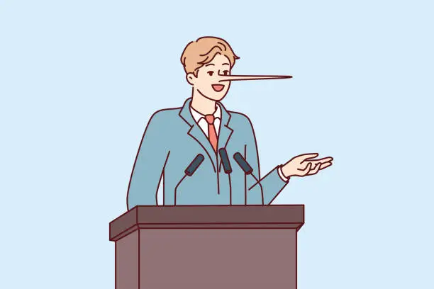 Vector illustration of Dishonest man politician with long nose stands behind podium during election campaign. Vector image