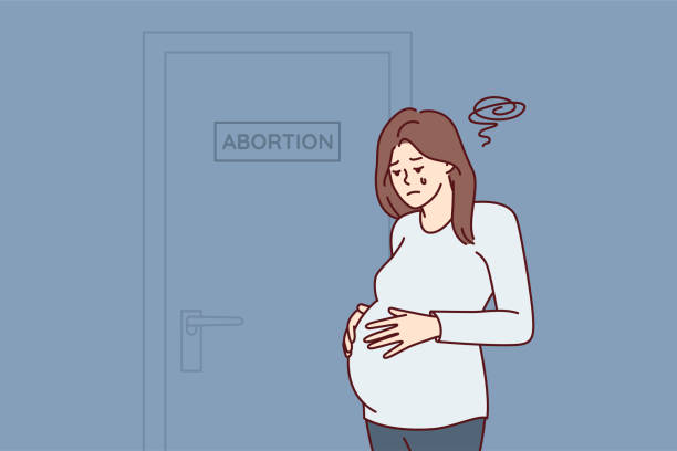 расстроила беременную женщину возле двери знаком аборта после принятия трудного решения. векторное изображение - pro choice stock illustrations