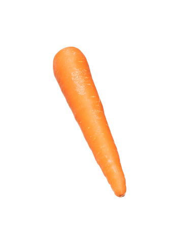 Carrot fresh full length fly in air. Beta Carotene orange color in Carrot is good health. Natural raw surface of carrot with root. White background isolated, high speed shutter