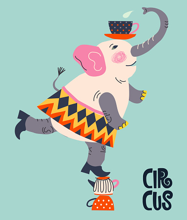 Illustrationelephant equilibrist balancing on cups in a circus
