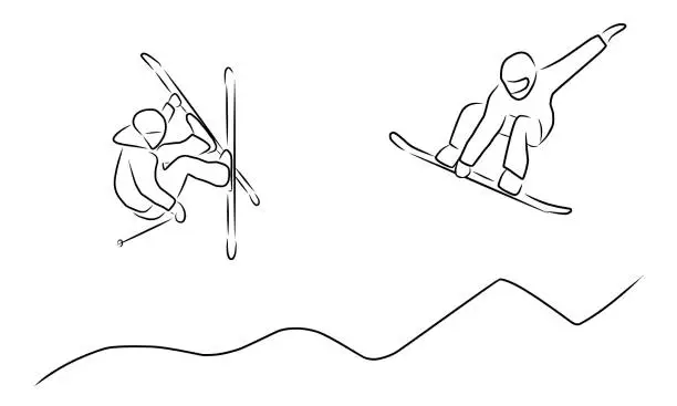 Vector illustration of Snowboarder and skier, hand drawn sketch, vector.