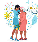 istock Happy mother's day. Indian Mother hug her daughter. Mom's love. Young woman bringing flowers to her mother 1458772500