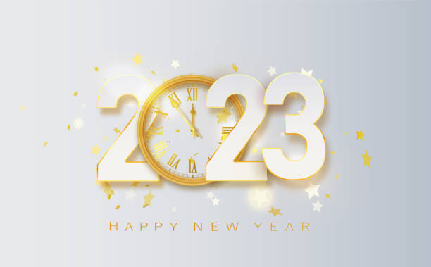 istock 2023 Golden Vector luxury text elegant banner with falling confetti on bright background. 2023 Golden 3d numbe. 1458776304