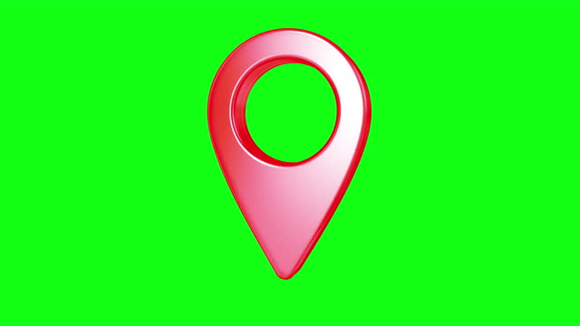 Red map pointer spinning with acceleration. Full seamless loop rotation isolated on the green screen background. Map pin icon. GPS place marker. Location symbol. Chroma key.