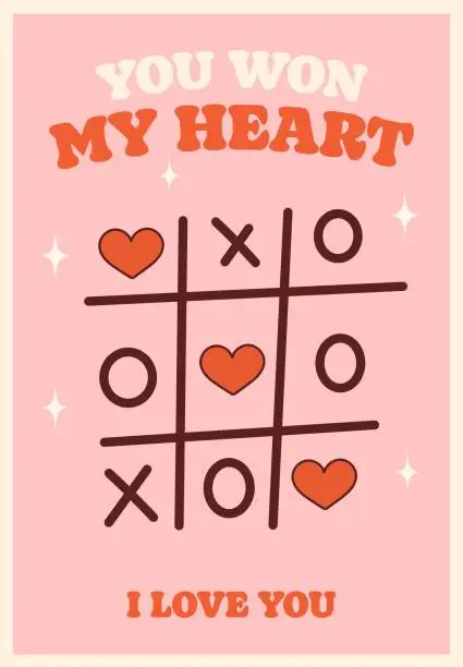 Vector illustration of Groovy lovely tic-tac-toe retro poster. Love concept. Happy Valentines Day. Trendy retro 60s 70s cartoon style. Card, postcard, print.