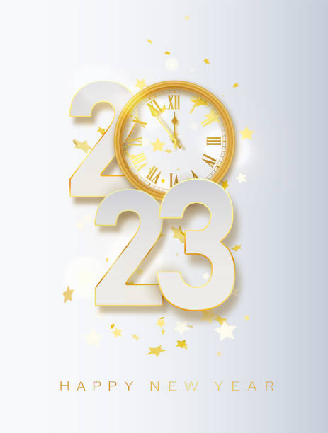 istock 2023 Happy New Year Golden Vector luxury text elegant banner with falling confetti on bright background. 2023 Golden 3d numbe. 1458777576