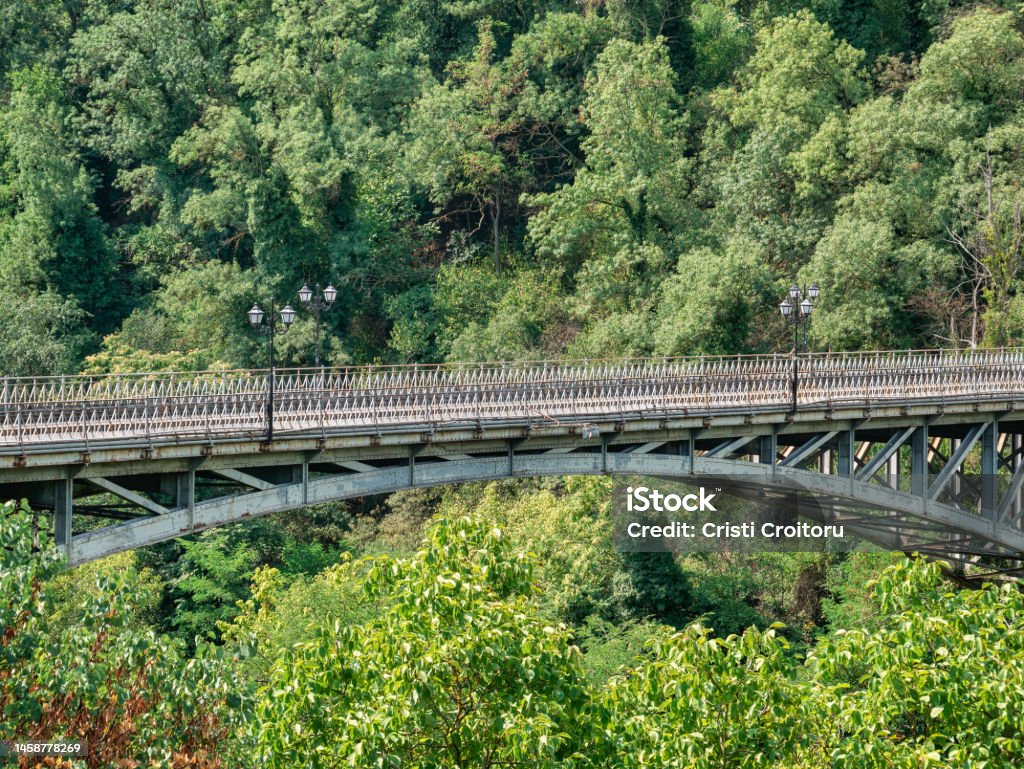 Pedestrian metal bridge over Yantra river in Veliko Tarnovo, Bulgaria. Stambolov Bridge Pedestrian metal bridge over Yantra river in Veliko Tarnovo, Bulgaria. Stambolov Bridge. Aerial View Stock Photo