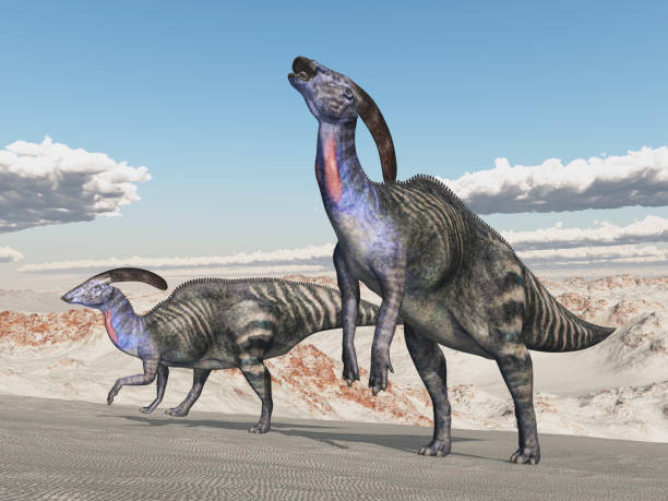 Dinosaur Parasaurolophus in a landscape stock photo