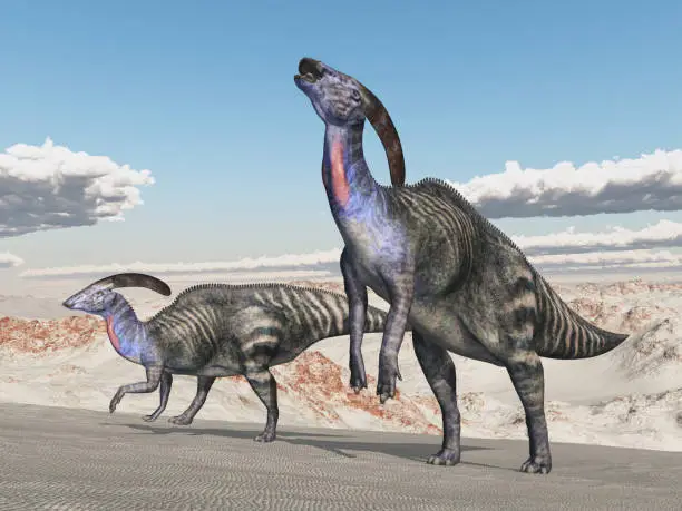 Computer generated 3D illustration with the dinosaur Parasaurolophus in a landscape