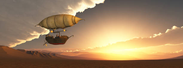 istock Fantasy airship over a landscape at sunset 1458782335