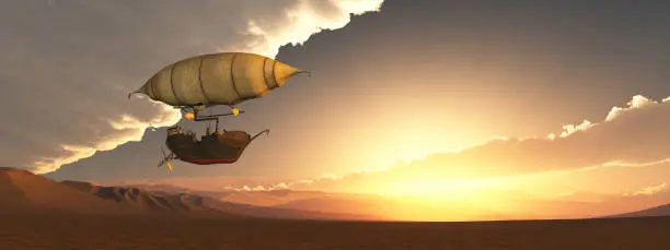 Computer generated 3D illustration with a fantasy airship over a landscape at sunset