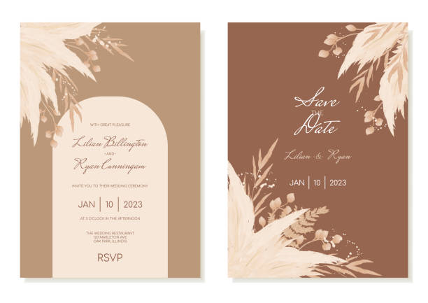 ilustrações de stock, clip art, desenhos animados e ícones de boho wedding invitation template set with dried flowers and pampas in brown shades. invitation cards in a watercolour modern style. vector - set blue brown green