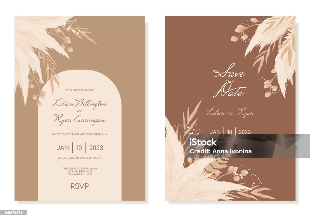 Boho Wedding Invitation Template Set With Dried Flowers And Pampas