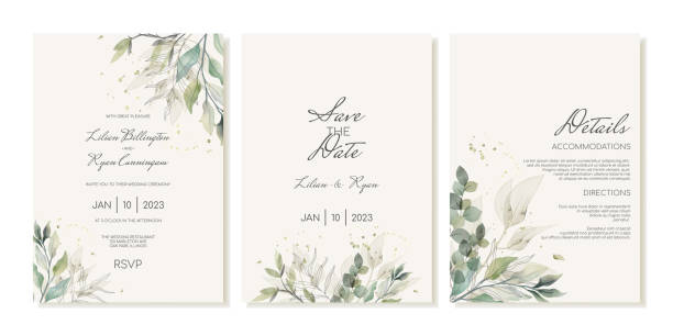 소박한 청첩장 템플릿은 녹색 잎, 유칼립투스 및 가지로 설정되어 있습니다. 초대장, 수채화 현대적인 스타일의 세부 사항. - wedding invitation stock illustrations