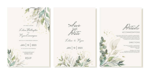 stockillustraties, clipart, cartoons en iconen met rustic wedding invitation template set with green leaves, eucalyptus and branches. invitation cards, details in watercolour modern style. - uitnodiging