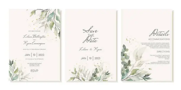 Vector illustration of Rustic wedding invitation template set with green leaves, eucalyptus and branches. Invitation cards, details in watercolour modern style.