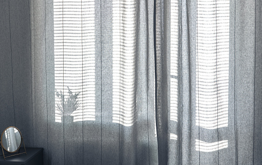 Room interior with curtains and blinds in sunny weather, shine the shadows.