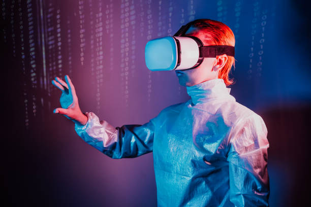 istock Metaverse concept. Woman in holographic clothes and vr glasses on matrix code background. Person with virtual reality headset, trying to touch something with hand in pink blue colors. Selective focus. 1458785520