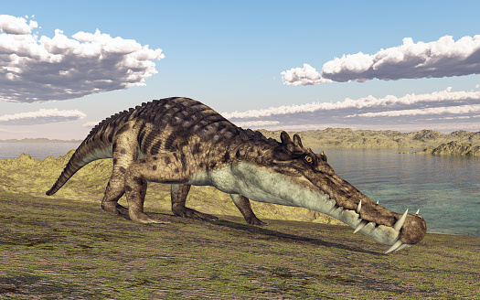 Computer generated 3D illustration with the prehistoric crocodile Kaprosuchus in a landscape