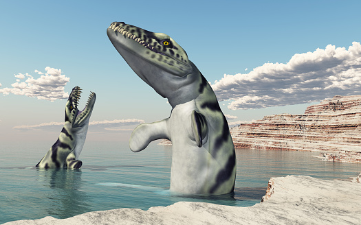 Computer generated 3D illustration with the prehistoric crocodile Dakosaurus in a coastal landscape