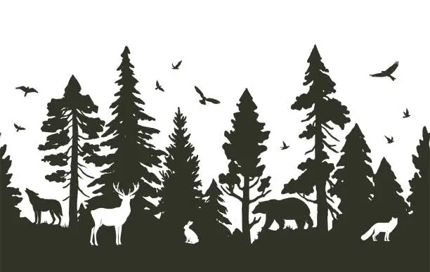 Vector illustration of Seamless pattern with coniferous forest and animals. Vector silhouette of firs, pines, deer, hare, fox, wolf, bear and birds isolated on white background. Nature border pattern