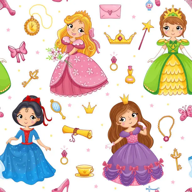 Vector illustration of Cartoon seamless pattern with hand drawn cute little princess girl and design elements.. Vector illustration.