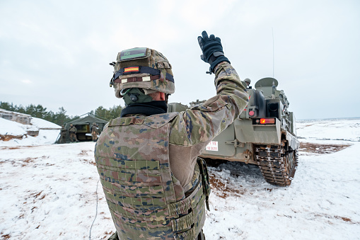 ADAZI, LATVIA, FEBRUARY 2018 - ASCOD Pizarro armoured fighting vehicle at NATO forces exercises. Spanish army conducted training exercise with Leopard 2A6 Tanks and fighting vehicles ASCOD Pizarro