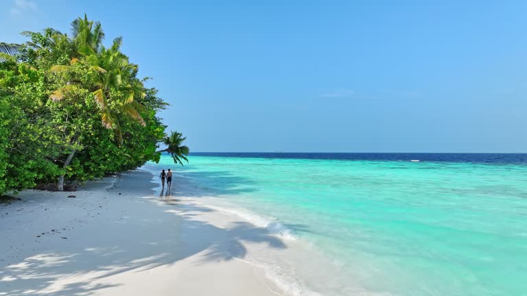 Aerial view of young couple walking on tropical beach