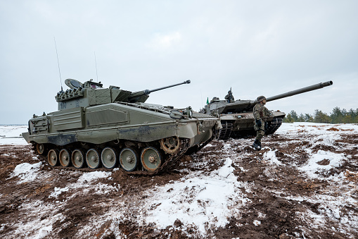 ADAZI, LATVIA, FEBRUARY 2018 - ASCOD Pizarro armoured fighting vehicle at NATO forces exercises. Spanish army conducted training exercise with Leopard 2A6 Tanks and fighting vehicles ASCOD Pizarro
