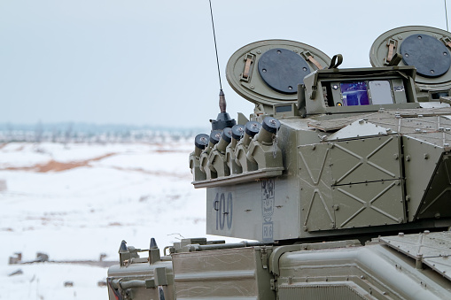 ADAZI, LATVIA, FEBRUARY 2018 - Leopard 2 Tank at NATO forces exercises. Spanish army conducted training exercise with Leopard 2A6 Main Battle Tanks and armored fighting vehicles ASCOD Pizarro