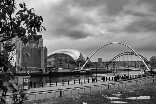October, 2022 - Newcastle-upon Tyne, Tyne and Wear, UK. The River Tyne looking towards Gateshead with the Sage building and Tyne bridges in the background.