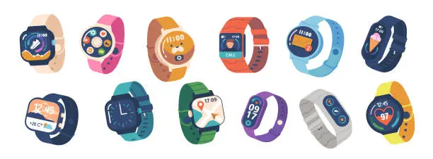 Vector illustration of Set Of Smart Watches, Fitness Trackers For Kids And Adults With Digital Display And Silicone Bracelets Illustration