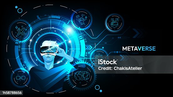 istock Metaverse digital cyber world technology, Man holding virtual reality glasses and Metaverse line icon on blue abstract background, vector illustration. 1458788656
