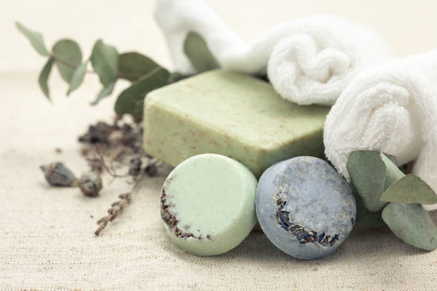istock Close-up, multicolored handmade soap on a blurred background. 1458788865