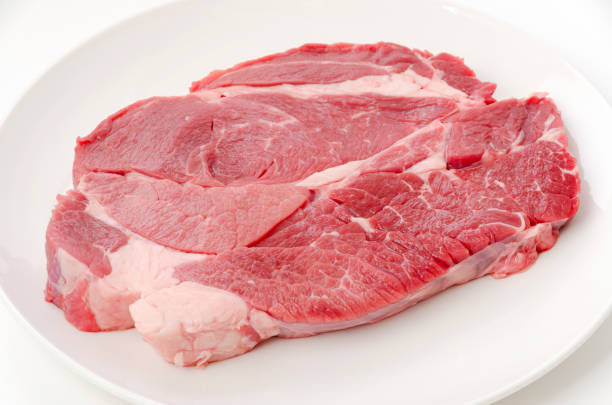 istock Fresh raw beef steak on white plate on white background 1458789886