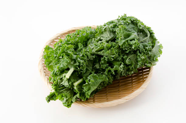 istock Fresh Curly green kale on bamboo sieve on white background 1458790134