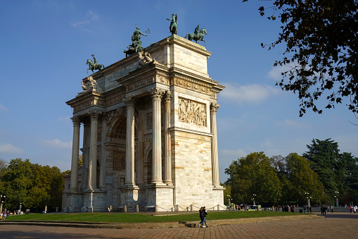 Milan, Italy - October 22, 2022: Arco della Pace, famous arch in Milan, Lombardy, Italy