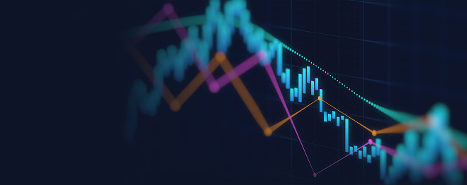 Abstract financial graph with trend line chart in stock market on neon light colour background