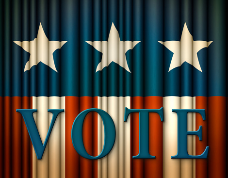 The word VOTE in 3D floating in front of a background theater style curtain stylized from the United States Flag Stars and Stripes. #D Illustration