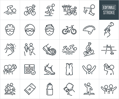 A set of triathlon icons that include editable strokes or outlines using the EPS vector file. The icons a triathlete swimming in the first stage of a triathlon, triathlete cycling in the second stage of a triathlon, triathlete running in the last stage of a triathlon race, fans cheering as triathlete cycles by on bike, triathlete wearing cycling helmet and sunglasses, competitor wearing swimming cap and swim goggles, triathlete wearing visor and sunglasses, road bike, cycling helmet, starting gun going off, hands clapping, two triathlete competitors running in triathlon, foot on pedal of bicycle, two triathletes swimming in a triathlon, triathlon race course, two triathletes with finishers medals with arms around each others shoulders, calendar race date, foot with running shoe running, triathlon wetsuit, triathlete with arms raised and medal around neck after finishing triathlon, triathlete taking a drink from a water bottle during training, triathlete crossing the finish line, energy bar, water bottle, fitness watch and a triathlete with arm raised crossing the finish line in first place.