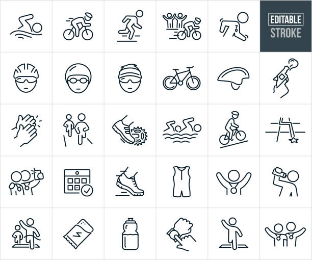 Triathlon Thin Line Icons - Editable Stroke - Icons Include Swimming, Cycling, Running, Competition, Athlete, Finish Line A set of triathlon icons that include editable strokes or outlines using the EPS vector file. The icons a triathlete swimming in the first stage of a triathlon, triathlete cycling in the second stage of a triathlon, triathlete running in the last stage of a triathlon race, fans cheering as triathlete cycles by on bike, triathlete wearing cycling helmet and sunglasses, competitor wearing swimming cap and swim goggles, triathlete wearing visor and sunglasses, road bike, cycling helmet, starting gun going off, hands clapping, two triathlete competitors running in triathlon, foot on pedal of bicycle, two triathletes swimming in a triathlon, triathlon race course, two triathletes with finishers medals with arms around each others shoulders, calendar race date, foot with running shoe running, triathlon wetsuit, triathlete with arms raised and medal around neck after finishing triathlon, triathlete taking a drink from a water bottle during training, triathlete crossing the finish line, energy bar, water bottle, fitness watch and a triathlete with arm raised crossing the finish line in first place. cycle racing stock illustrations