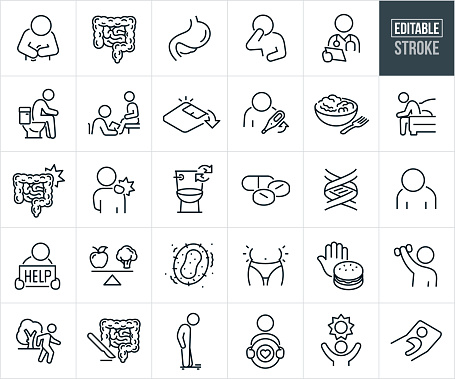 A set of inflammatory bowel disease icons that include editable strokes or outlines using the EPS vector file. The icons include a person with an upset stomach, small and large intestine, human stomach, person with nausea due to Crohn's disease, doctor checking a patients medical chart, person with Crohn's disease on the toilet, gastroenterologist visiting with patient, Crohn's disease symptoms, weight loss, person with a fever, bowl of salad, person with head down sitting on edge of bed sick from IBS, intestines with ulcerative colitis, person with body pain a symptom of Crohn's disease, person with Crohn's disease running for the toilet, medication to treat irritable bowel diseases, gene to represent genetic risk factors in developing an inflammatory bowel disease, exhausted person, person with irritable bowel syndrome with head down holding a help sign, person with abdominal pain, healthy foods, bacteria, person experiencing bloating, hand resisting a hamburger that exasperates Crohn's symptoms if eaten, person exercising, person taking a walk for exercise, surgery on an intestine for Crohn's disease, person standing on a weight scale after loosing weight due to inflammatory bowel disease, person holding a target with a heart in the bulls-eye to represent health goals, person with a sun above to represent hope, and a sick person in bed suffering from an inflammatory bowel disease.