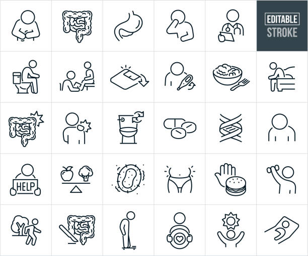 Inflammatory Bowel Disease Thin Line Icons - Editable Stroke - Icons Include Crohn's Disease, Ulcerative Colitis, Human Intestine, Stomachache, Diarrhea, Irritable Bowel Syndrome A set of inflammatory bowel disease icons that include editable strokes or outlines using the EPS vector file. The icons include a person with an upset stomach, small and large intestine, human stomach, person with nausea due to Crohn's disease, doctor checking a patients medical chart, person with Crohn's disease on the toilet, gastroenterologist visiting with patient, Crohn's disease symptoms, weight loss, person with a fever, bowl of salad, person with head down sitting on edge of bed sick from IBS, intestines with ulcerative colitis, person with body pain a symptom of Crohn's disease, person with Crohn's disease running for the toilet, medication to treat irritable bowel diseases, gene to represent genetic risk factors in developing an inflammatory bowel disease, exhausted person, person with irritable bowel syndrome with head down holding a help sign, person with abdominal pain, healthy foods, bacteria, person experiencing bloating, hand resisting a hamburger that exasperates Crohn's symptoms if eaten, person exercising, person taking a walk for exercise, surgery on an intestine for Crohn's disease, person standing on a weight scale after loosing weight due to inflammatory bowel disease, person holding a target with a heart in the bulls-eye to represent health goals, person with a sun above to represent hope, and a sick person in bed suffering from an inflammatory bowel disease. colon stock illustrations