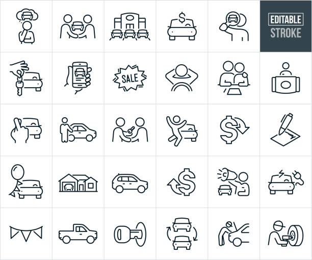 ilustraciones, imágenes clip art, dibujos animados e iconos de stock de ventas de automóviles iconos de línea delgada - trazo editable - los iconos incluyen un concesionario de automóviles, ventas de automóviles, vendedor de automóviles, cliente, compra de automóviles nuevos, compra de automóviles - auto