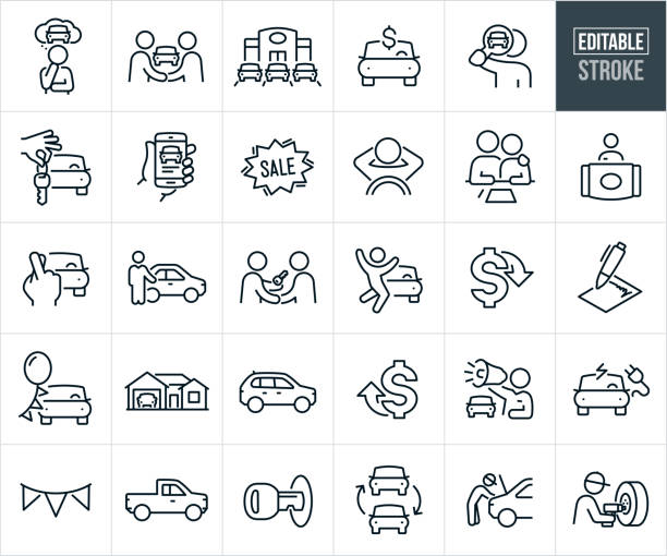 Auto Sales Thin Line Icons - Editable Stroke - Icons Include An Auto Dealership, Car Sales, Car Salesman, Customer, New Car Purchase, Car Buying A set of auto sales icons that include editable strokes or outlines using the EPS vector file. The icons include a customer contemplating a car purchase, car salesman shaking hands with a customer over a car purchase, car dealership with new cars on the lot, automobile for sale, person using a magnifying glass in his search for a new car, hand holding out car key to new car, hand holding a smartphone with a vehicle search on screen, SALE sign, person with hands behind head sitting behind the wheel of a new car, couple at a table about ready to sign a car loan, car dealership receptionist, fingers crossed that customer gets car of dreams, car salesman standing next to a used car for sale, car salesperson giving key to new car to customer, customer jumping for joy after new car purchase, lower prices, higher prices, signed contract, vehicle sale, new vehicle in garage of house, sport utility vehicle, SUV, Crossover vehicle, car salesman shouting through bullhorn to market sale of vehicles, electric vehicle, truck, car wash, car key in ignition, vehicle trade-in, auto mechanic working on engine and a mechanic changing car tire. car sales stock illustrations